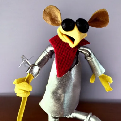 Prompt: a mouse wearing a shining suit of armor wielding a sewing needle, puppet, stop motion, in the style of the muppets