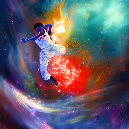 Image similar to Expressive painting of a basketball player dunking, depicted as an explosion of a nebula, evokes delight, digital art by Krenz Cushart, trending on artstation