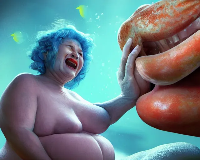 Image similar to of a very beautiful scene. ambient occlusion render. a sweet fat old woman is giving birth to a huge colorful fish. hyper realistic. 4 k. wide angle. sadness. shininess. symmetrical face, red mouth, blue eyes. deep focus, lovely scene. ambient occlusion render. concept art. unreal engine.