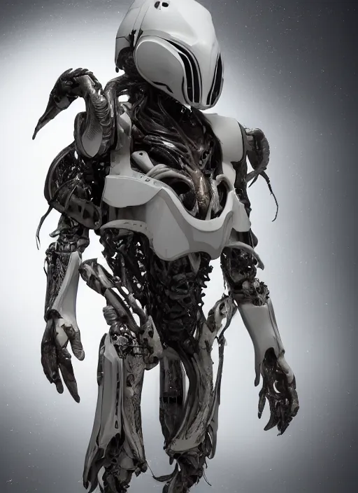 Prompt: a photorealistic dramatic hyperrealistic render of a predator the alien hunter exosuit in white bone armor, ultra realistic details, well worn by paul dave malla, cedric seaut from artstation, beautiful dramatic dark moody tones and lighting, cinematic atmosphere, studio lighting, global illumination, shadows, dark background, concept design art octane render, 8 k