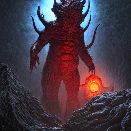 Image similar to Photorealistic demonic kaiju in the style of Michael Whelan and Gustave Dore. Hyperdetailed photorealism, 108 megapixels, amazing depth, glowing rich colors, powerful imagery, psychedelic Overtones, 3D finalrender, 3d shading, cinematic lighting, artstation concept art