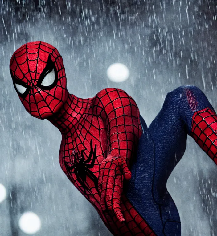 Prompt: movie still of tobey maguire as spiderman, dramatic rain, 8 k, moody lighting, emotional