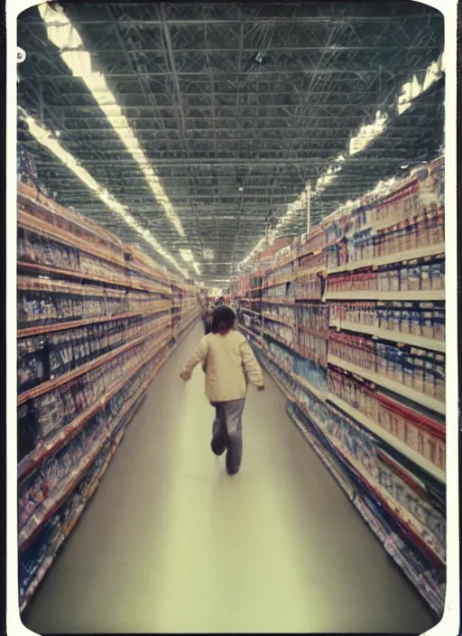 Prompt: first person view. walking through a costco in 1 9 9 7. blurry polaroid. simple composition. wes anderson