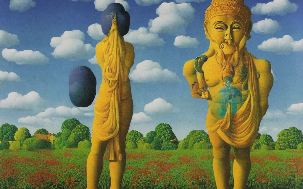 Prompt: hindu god in golden meadow, detailed painting by rene magritte