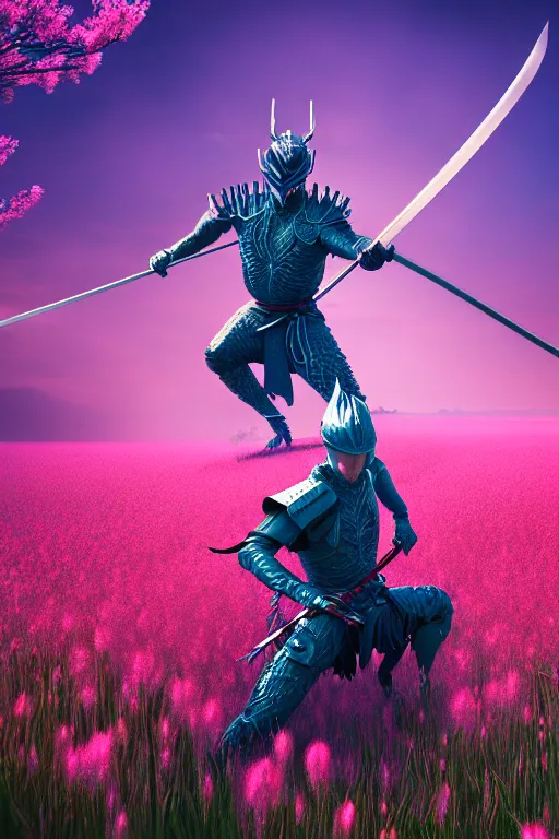 Prompt: illustration cinematic humanoid dragon yielding katana in a field of pink flowers, highly detailed digital art masterpiece, smooth vitaly bulgarov eric zener dramatic blue light, ground angle uhd 8 k, sharp focus