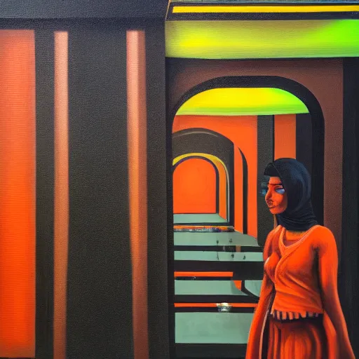 Image similar to detailed portrait of a beautiful woman, courtyard, capital, mosque interior, reflections, control panel, watcher, omniscient, covered walkway, obsidian, orange teal gray black, tech noire, few neon signs, surreal oil on canvas