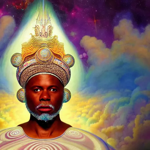 Image similar to obatala the cosmic god sitting on a throne of nebula clouds, by Adi granov and thomas blackshear and afarin sajedi in a psychedelic portrait style, matte painting, volumetric lighting, piercing eyes, detailed face, orisha, 8k, hd