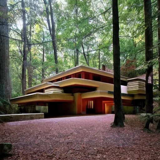 Image similar to house designed by frank lloyd wright, forest