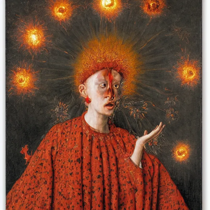 Image similar to a woman with a third eye exploding with flowers, standing in fire, by Jan van Eyck