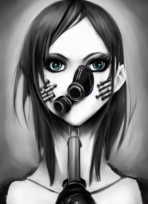 Prompt: face portrait of goth anime girl with black and white hair wearing a gas mask, symmetry, digital painting, trending on artstation and deviantart, epic composition, dynamic, highly detailed, ross draws, wlop, 8 k