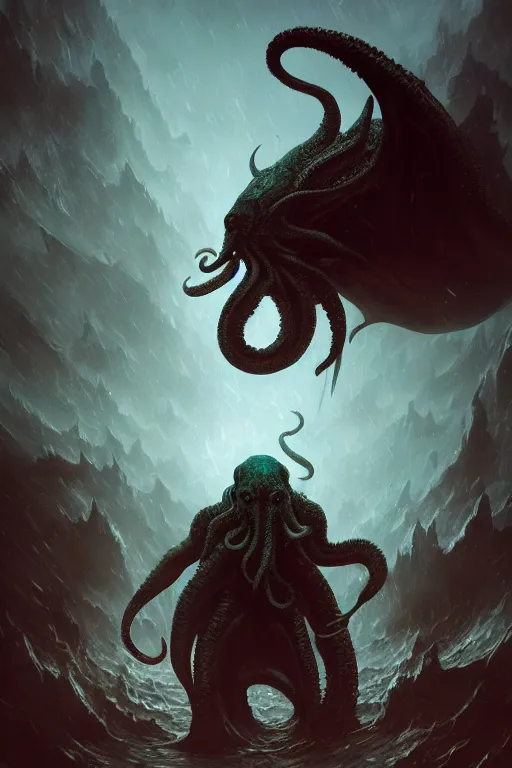 Image similar to cthulhu kaiju, ocean, storm, digital art, magic the gathering, mtg, by greg rutkowski, trending on artstation