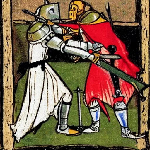 Prompt: two knight is dueling with their sword, in a grand medieval castle