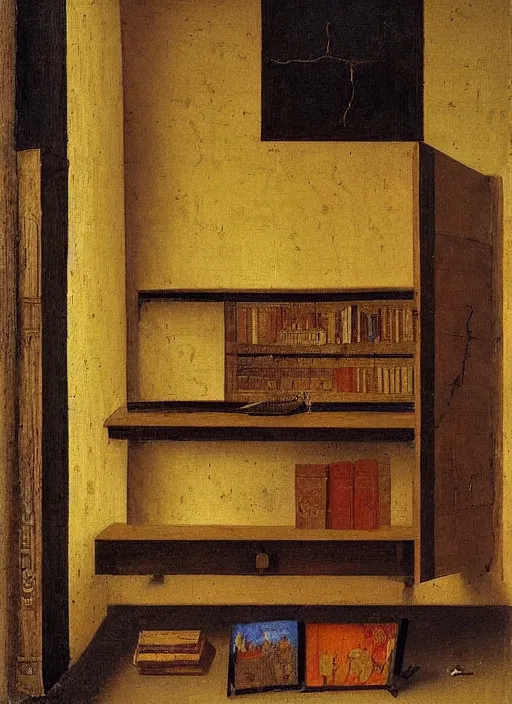 Image similar to bookshelf with books and children toys, medieval painting by jan van eyck, johannes vermeer, florence