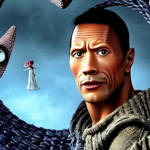 Image similar to A still of Dwayne Johnson in the film Coraline, highly detailed, very detailed, extremely detailed, detailed, HD Quality, taken in the mid 2000s