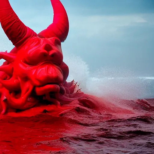 Image similar to a devilish red monster with horns emerging from boiling rough seas, photo by david lachapelle, s - 5 0