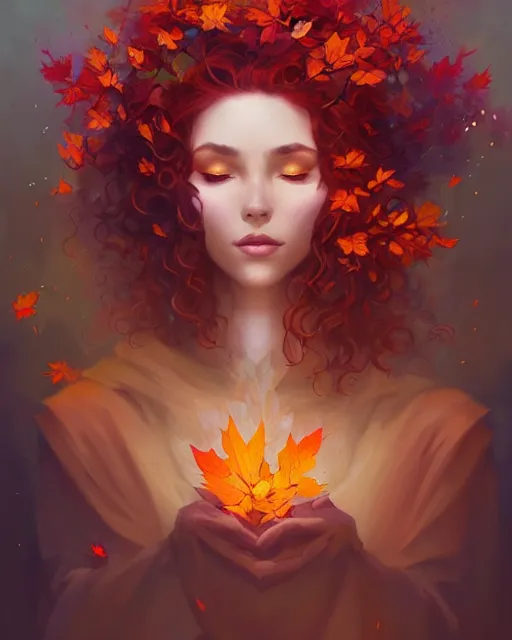 Prompt: beautiful autumn priestess with curly red - hair, flurry of leaves and flowers, warm aura, artgerm, peter mohrbacher, alena aenami, artstation