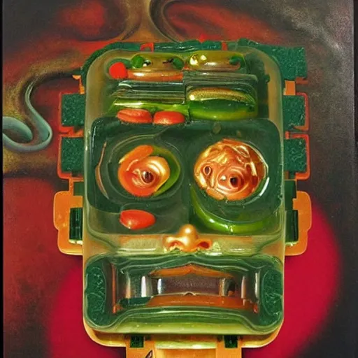 Image similar to a vintage robot head made out of jello aspic salad by giuseppe arcimboldo, oil on canvas