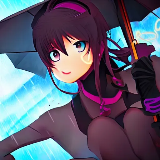 Image similar to beautiful young female anime! ninja with extremely detailed eyes action pose, neon city, raining, dramatic, 8 k