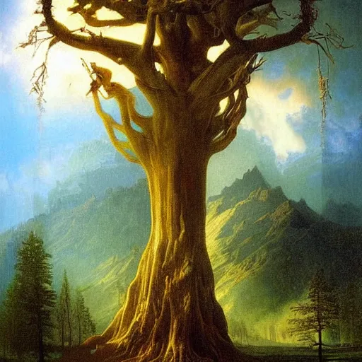 Image similar to Yggdrasil by Albert Bierstadt, fantasy, mythology