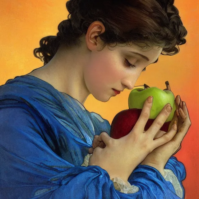 Prompt: an aesthetic! detailed close - up portrait of an aesthetic woman crying mournfully while holding an apple in a gloved hand, by frank frazetta and alphonse mucha, oil on canvas, bright colors, art nouveau, epic composition, dungeons and dragons fantasy art, hd, god - rays, ray - tracing, crisp contour - lines, huhd - 8 k