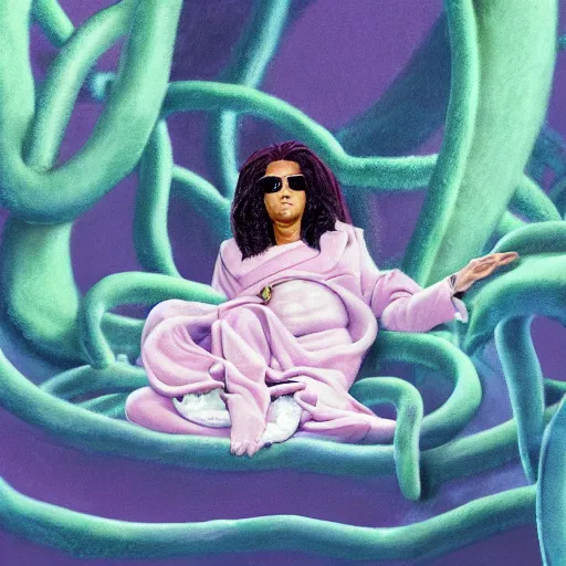 Image similar to Prince in pastel!!!!, **whimsical acrylic modern pop surrealism, Even Giger-y dark overlords living in the ruins of an ancient system of tunnels and caves like to be comfy every once in a while!,** A seal sleeping peacefully in a kelp forest, **cinematic, hyper realistic, detailed, 8k, octane render**.