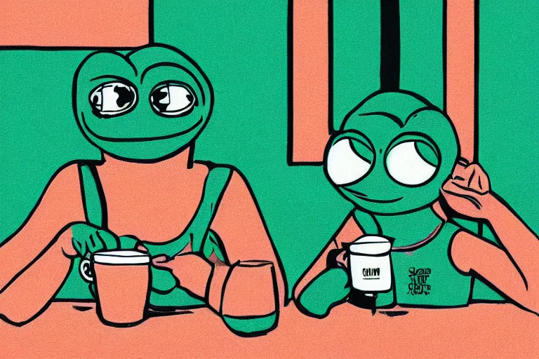 Image similar to girl drinking coffee with pepe the frog in a cafe, 8 0 s style, cinematographic photo