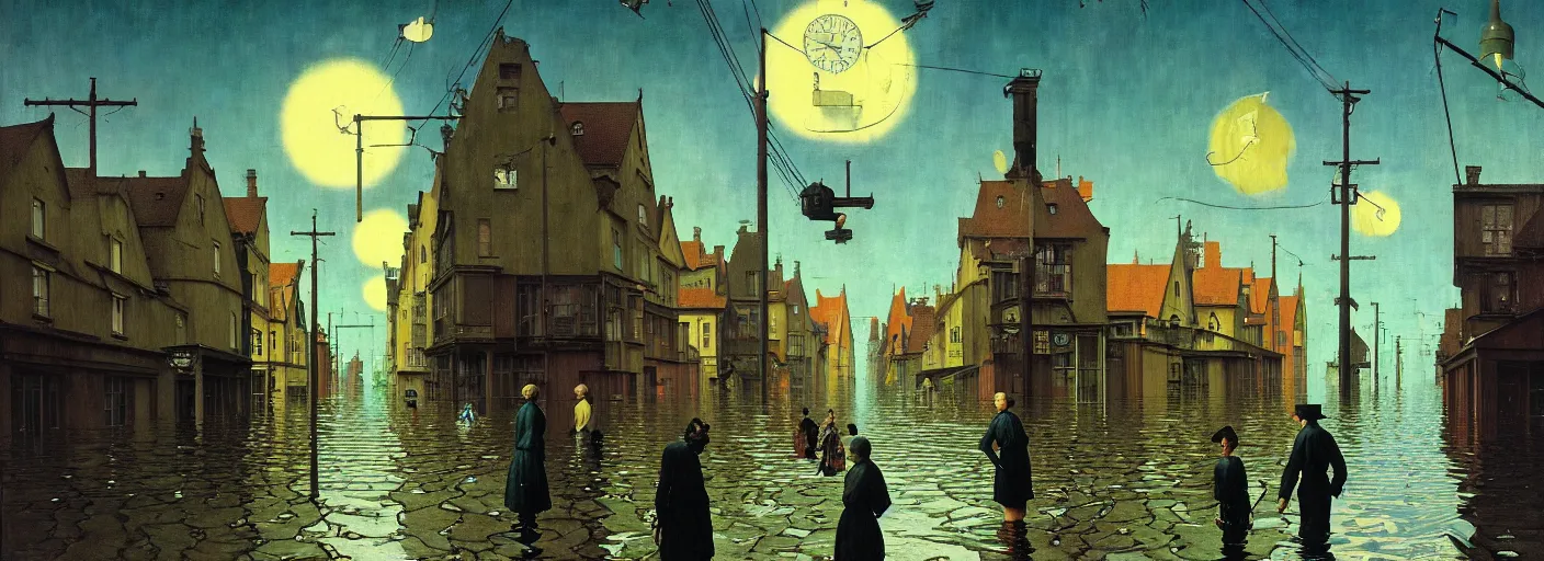 Image similar to flooded street, very coherent and colorful high contrast masterpiece by norman rockwell franz sedlacek hieronymus bosch dean ellis simon stalenhag rene magritte gediminas pranckevicius, dark shadows, sunny day, hard lighting, reference sheet white background