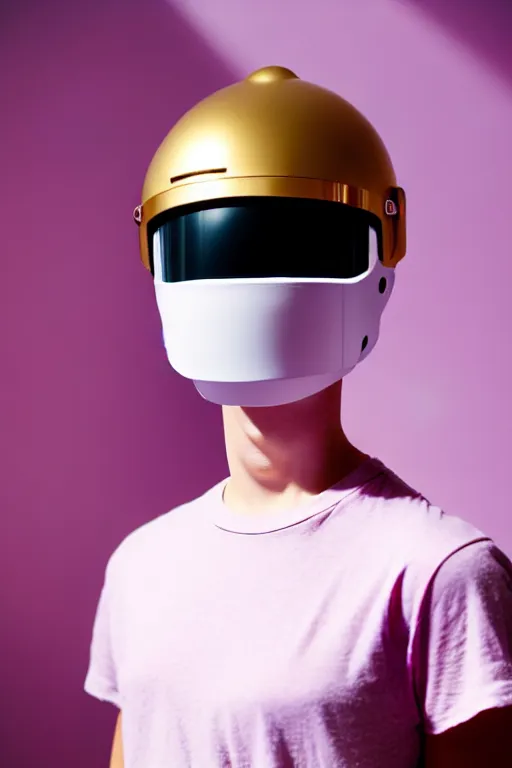 Image similar to a high definition film photograph of a normal androgynous robot human wearing a plain white t - shirt, in a pastel pink room. happy. metal visor covering eyes. metallic shiny gold coloured helmet. crushed shadows.