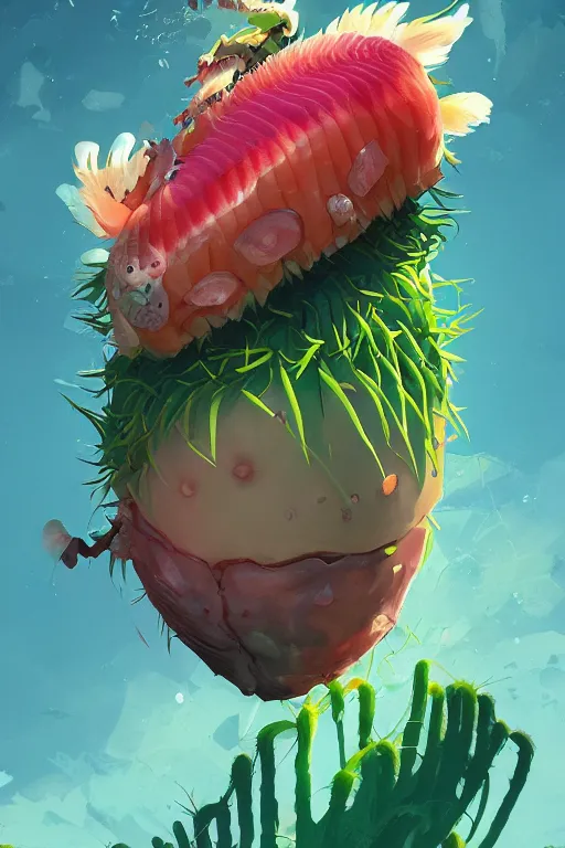 Image similar to 3 d render creature animal sushi cristal very big eye roots cactus elemental flush of force nature micro world fluo fishscale, comics gta 5 cover, official fanart behance hd artstation by jesper ejsing, by rhads, makoto shinkai and lois van baarle, ilya kuvshinov, ossdraws