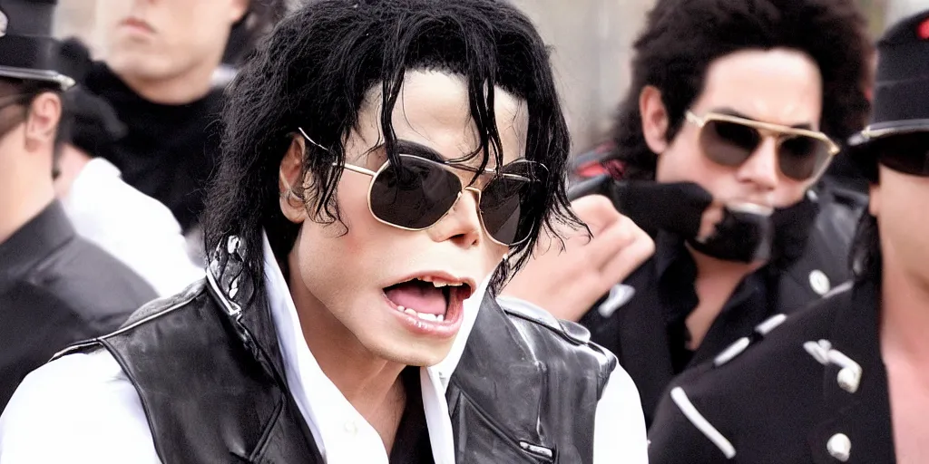 Image similar to michael jackson 2 0 0 9 wearing shades, this is it style, photo real, pores, motion blur, solo dancing with soldiers for music video, by himself, real life, spotted, ultra realistic face, accurate, 4 k, movie still, uhd, sharp, detailed, cinematic, render, modern