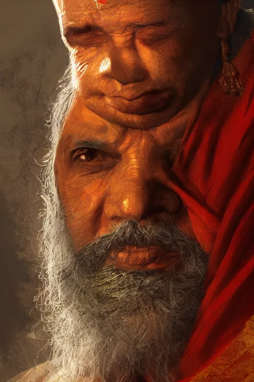 Image similar to hindu priest, close - up portrait, devoted, intricate, elegant, volumetric lighting, scenery, digital painting, highly detailed, artstation, sharp focus, illustration, concept art, ruan jia, steve mccurry