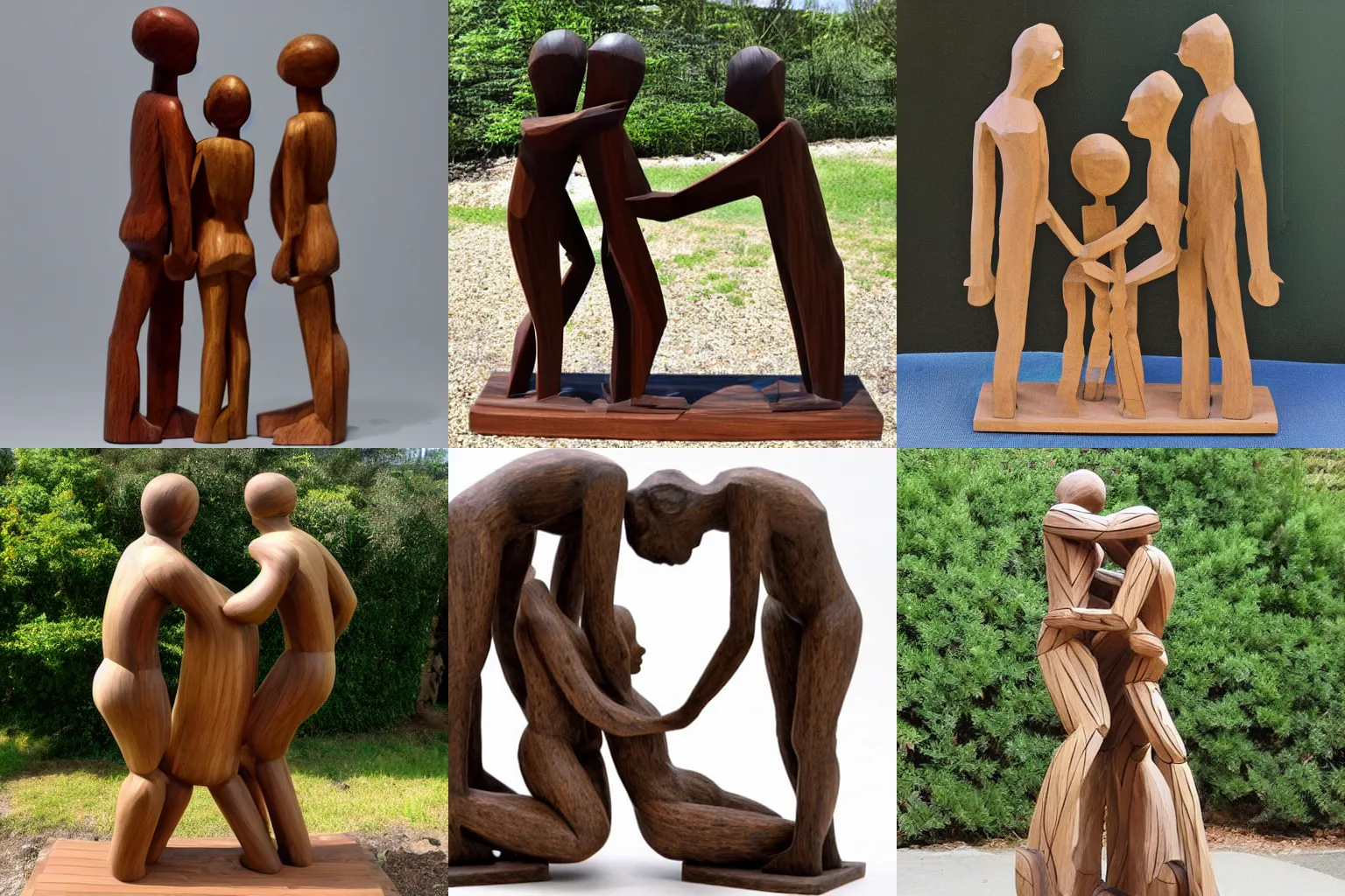 Prompt: wood sculpture of three people touching each other