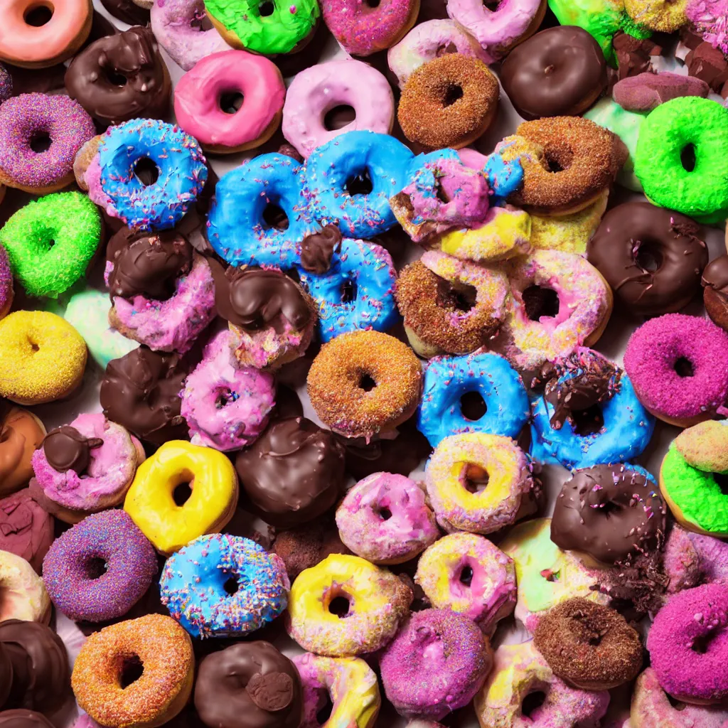 Prompt: colored donuts, chocolate, fantasy art by william schneider, dreamy, soft, backlight, luminescence, highly detailed, 8 k