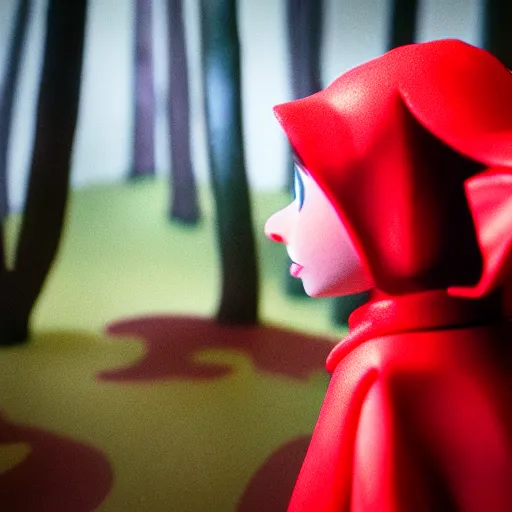 Prompt: a cinematic film still of a claymation stop motion film starring emma watson as little red riding hood, looking at big wild wolf, shallow depth of field, 8 0 mm, f 1. 8