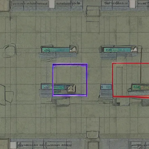 Prompt: cs : go minimap, layout of map, 2 character spawn locations on opposite sides of map with a highlighted box around them, 2 objective sites with a hihg lighted box around them, overhead view of the minimap design