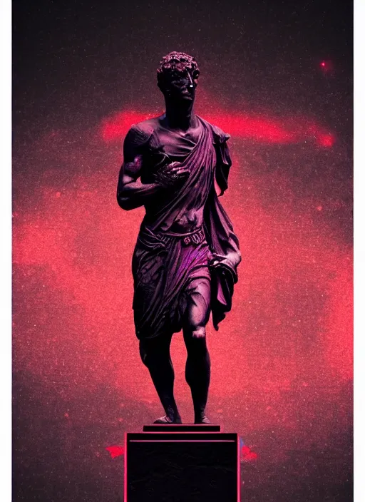 Prompt: black background with very subtle red and purple design elements, statue of julius caesar, powerful, nekro, graphic design, collage art, thin lines, dark, glitch art, neo vaporwave, gritty, layout frame, square, trending on artstation