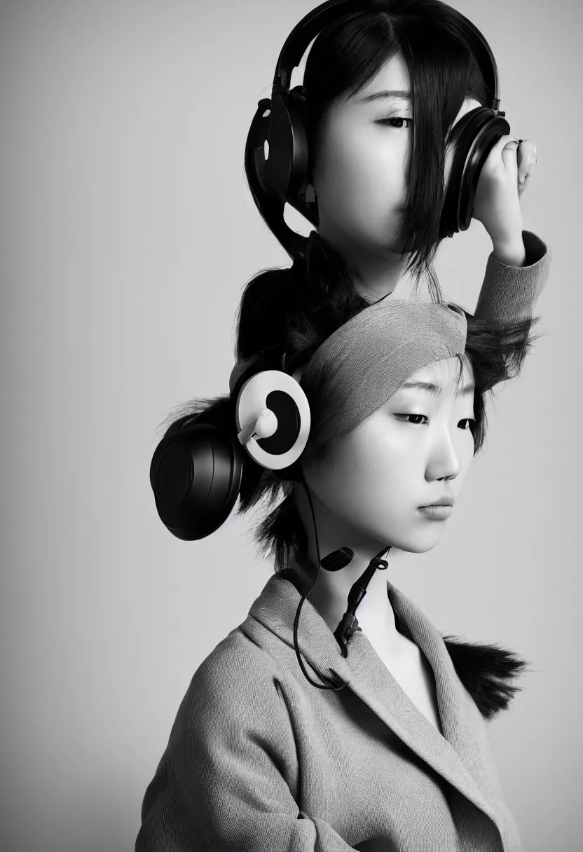 Image similar to single japanese young woman waist up portrait, headphones listening to music, elegant as fashion editorial shot, highly detailed, smooth, sharp focus, dramatic lighting, photo by vogue