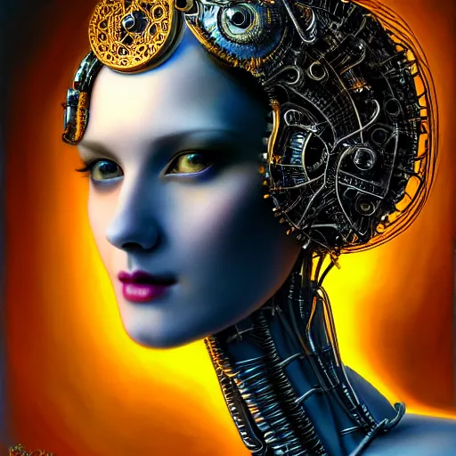 Image similar to portrait of the beautiful young robotic goddess of metal, surreal, fantasy, intricate, mechanical, elegant, dramatic lighting, emotionally evoking symbolic metaphor, highly detailed, gears, lifelike, photorealistic, digital painting, painterly, artstation, concept art, smooth, head in focus, sharp focus, illustration, art by John Collier and Krenz Cushart and Artem Demura and Alphonse Mucha and Albert Aublet,