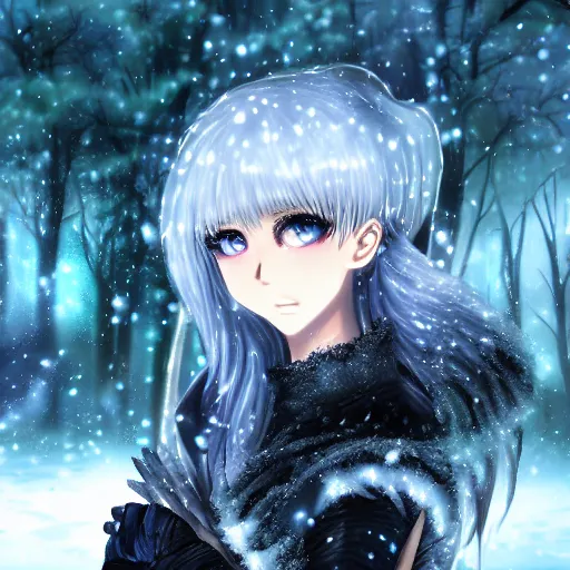 Prompt: focus face portrait of beautiful darkness knight 3D anime girl, icy armor wearing, dark forest background, snowing, bokeh, inspired by Masami Kurumada, digital painting, high contrast, unreal engine render, volumetric lighting, high détail