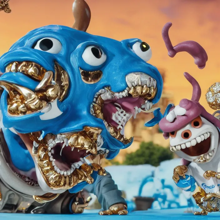 Image similar to jeff koons hip hop style street sharks wearing diamond grillz and a ton of bussdown iced gold bling in wallace & gromit claymation, ultra realistic, concept art, intricate details, serious, highly detailed, photorealistic, octane render, 8 k, unreal engine, art by todd mcfarlane and artgerm and greg rutkowski and alphonse mucha