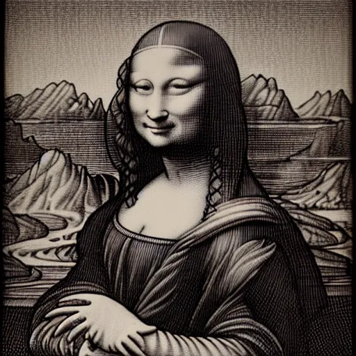 Prompt: Drawing of Leonardo Da Vinci drawing Mona Lisa, by Leonardo Da Vinci
