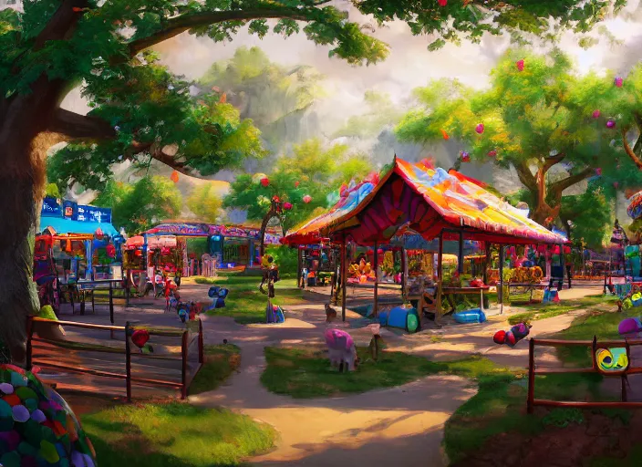 Image similar to candy zoo park for a game candy themed, top angle, oil painting by jama jurabaev, extremely detailed, brush hard, artstation, for aaa game, high quality, brush stroke