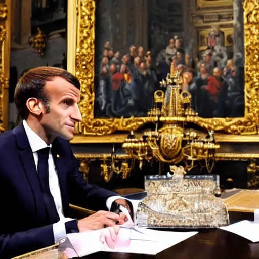 Image similar to Emmanuel Macron speaks with the richest man in the world, detailed, cinematic light, art by catholic saints