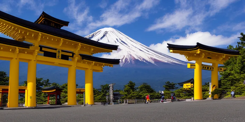 Image similar to Yellow school bus driving towards a Japanese Torii gate at Mount Fuji location in Japan, time travel, ray tracing