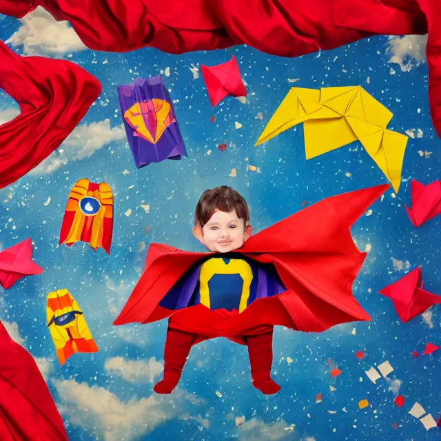 Image similar to rocket boots, superhero cape, sheet music, a piano, a parachute, confetti, origami paper, neo - impressionist, surrealism