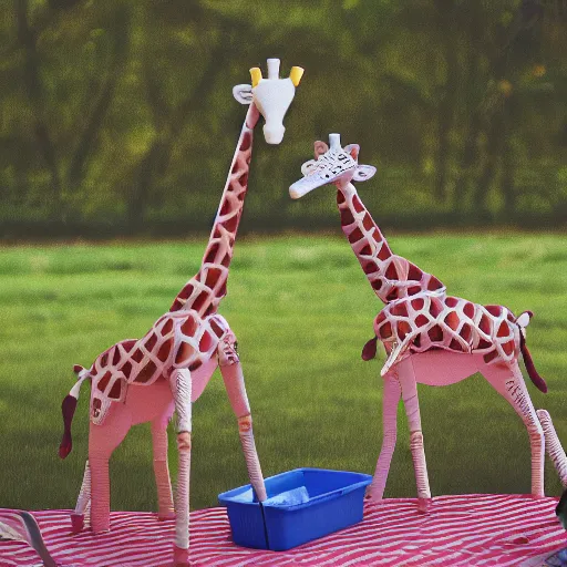 Image similar to mechanical giraffes, having a picnic, realistic, daylight, 3 5 mm, photo