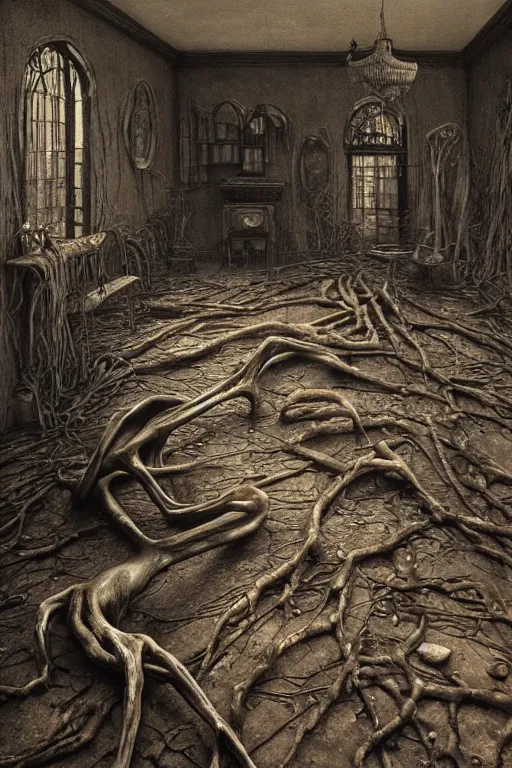 Prompt: A witch with long chicken limbs, in a Victorian house by Zdzisław Beksiński, Arthur Rackham, Dariusz Zawadzki , Interior view, collapsed floors, bent rusty iron, masterpiece, cinematic, hyperdetailed, photorealistic, hyperrealism, vintage. Octane rendering 8k