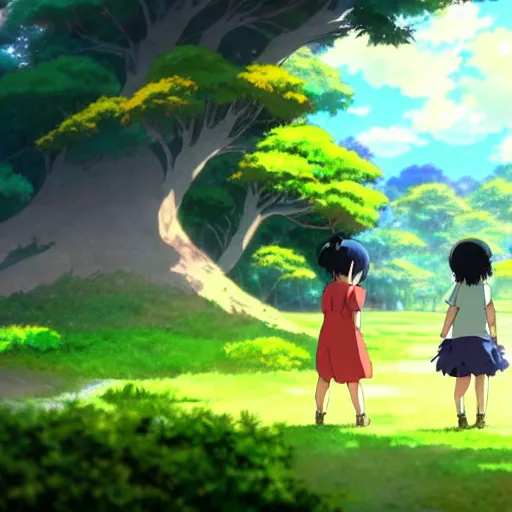 Image similar to diverse toddlers playing, anime style, environmental art animation background, studio ghibli, makoto shinkai