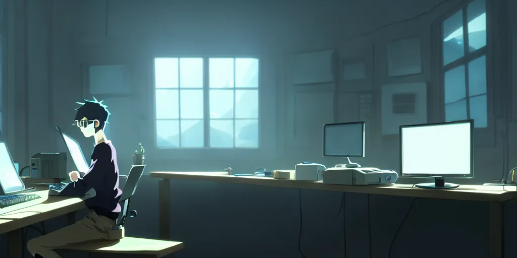 Image similar to a nerdy boy is programming at a computer in a room full of gadgets, by makoto shinkai and ghibli studio, dramatic lighting, highly detailed, incredible quality, trending on artstation