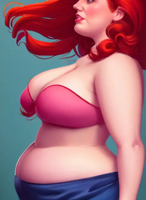 Image similar to full body portrait of teenage cheryl blossom, obese, bangs, sultry, realistic, red hair, sultry smirk, wavy hair, pink skirt, fat, belly, intricate, elegant, glowing lights, highly detailed, digital painting, artstation, concept art, smooth, sharp focus, illustration, art by wlop, mars ravelo and greg rutkowski